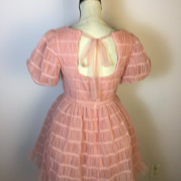 Lulus Utterly Adored Mini Dress Sz S Womans Pink Tulle Textured Puff Sleeve Bow - Picture 5 of 14